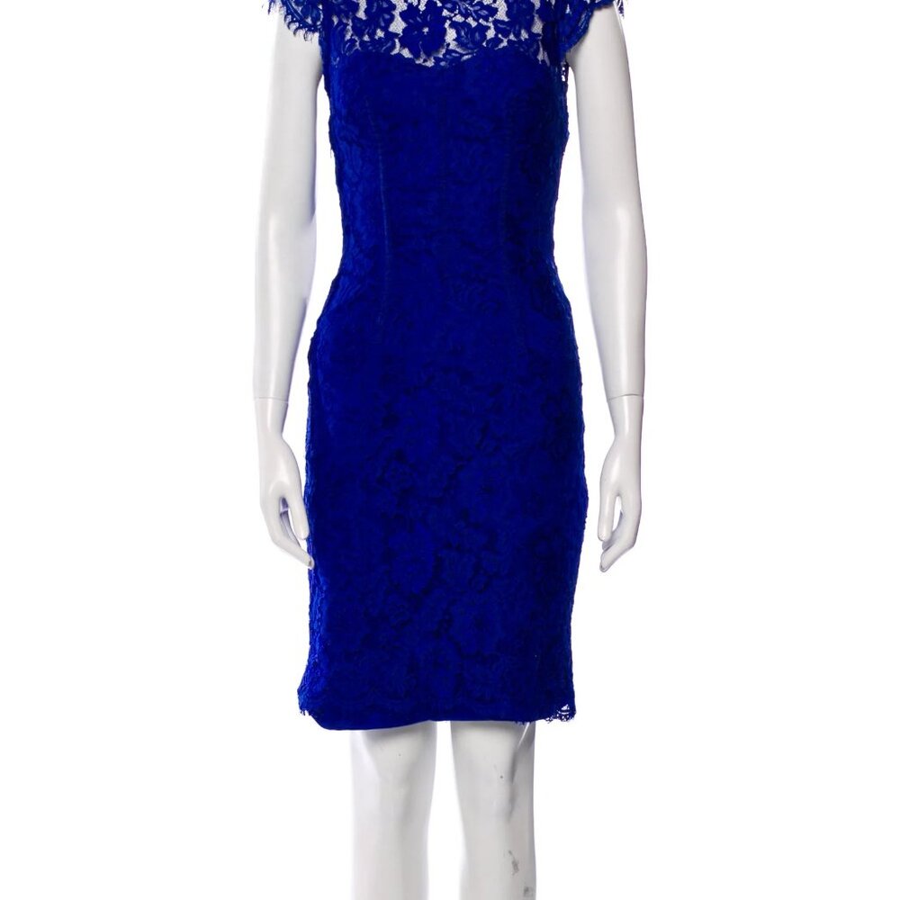 ML MONIQUE LHUILLIER Blue Lace Pattern Knee-Length Backless Dress